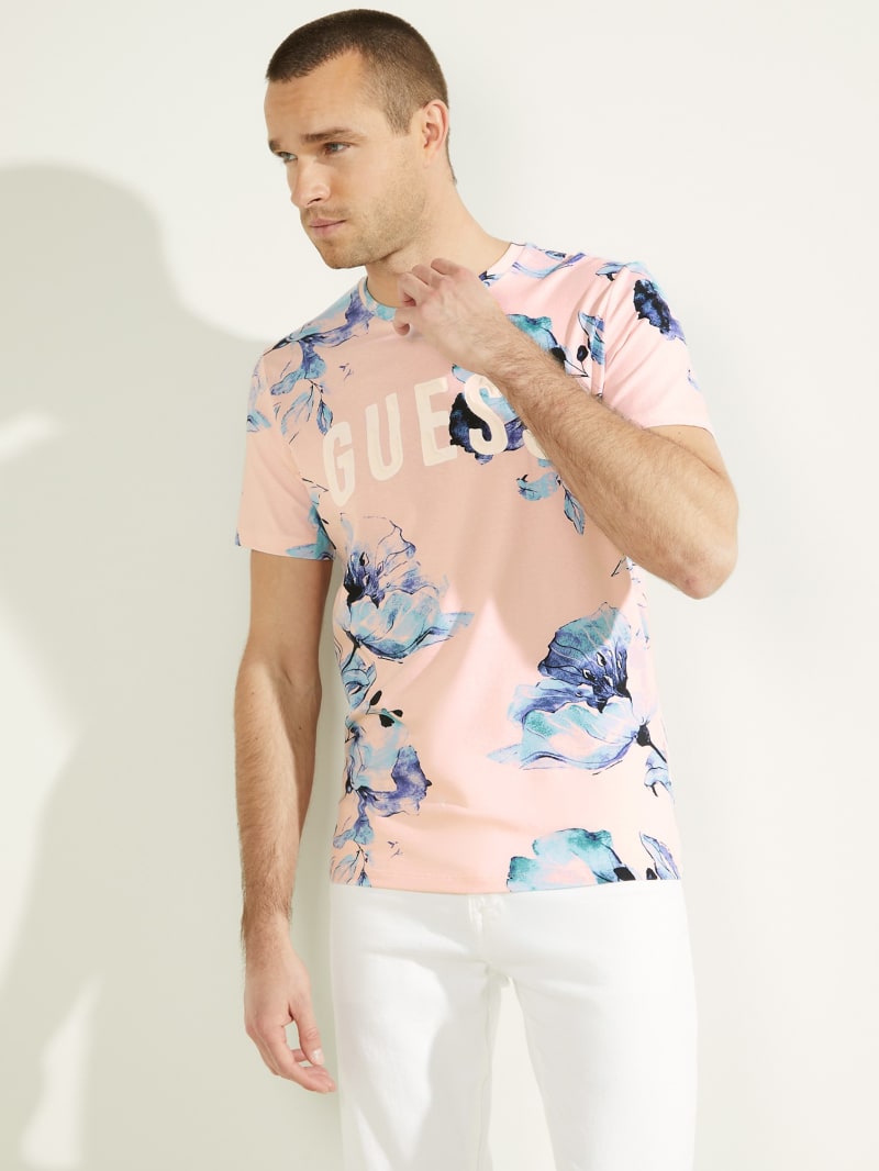 Pink Men's Guess Natt Floral Tee T Shirts | 4076921-JO