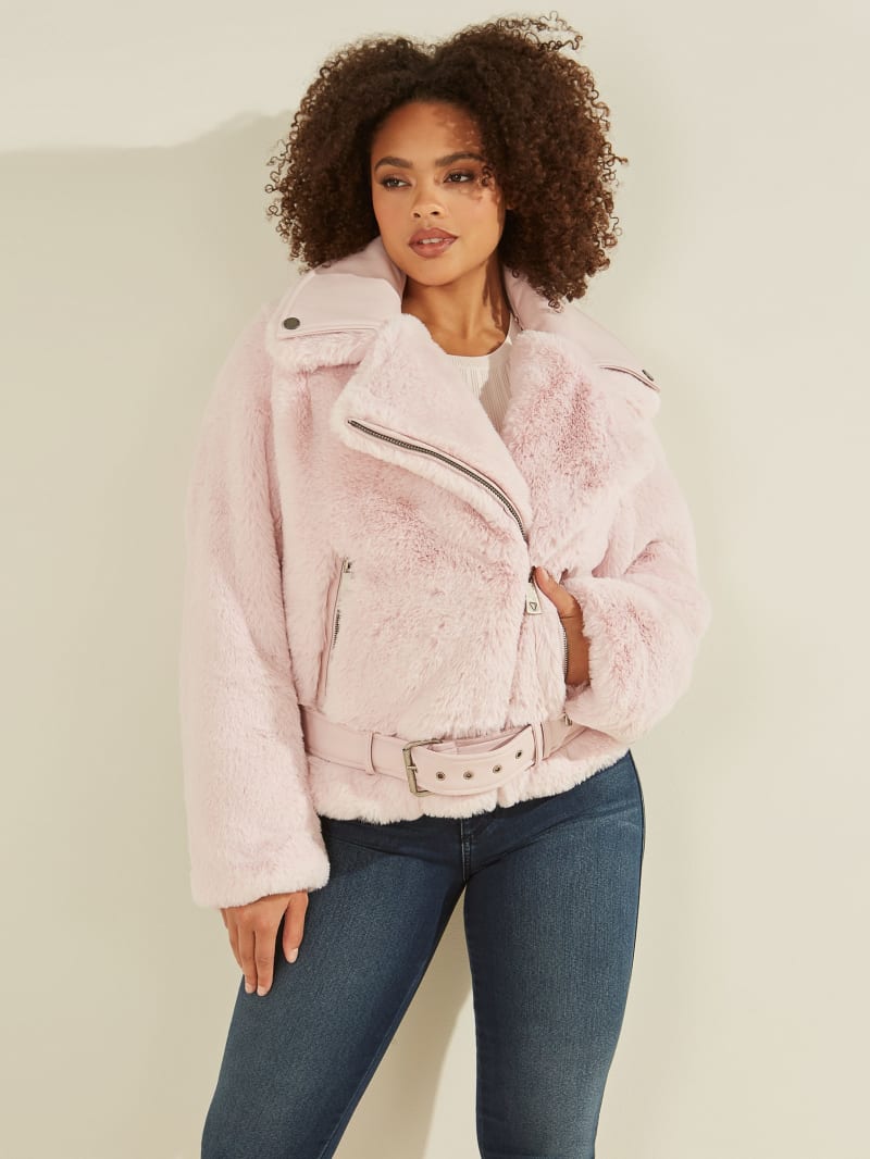 Pink Women's Guess Frida Faux-Fur Biker Coats | 3680724-OX