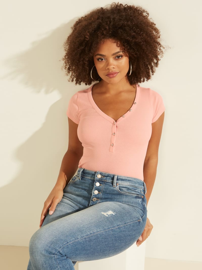 Pink Women's Guess V-Neck Henley Tee Tops | 1238456-EC