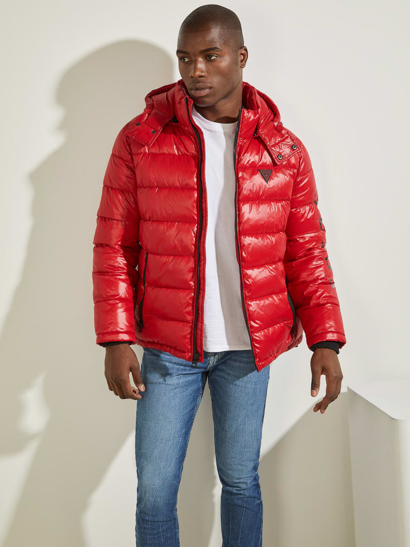 Red Men's Guess Anthony Logo Puffer Jackets | 8531924-RY