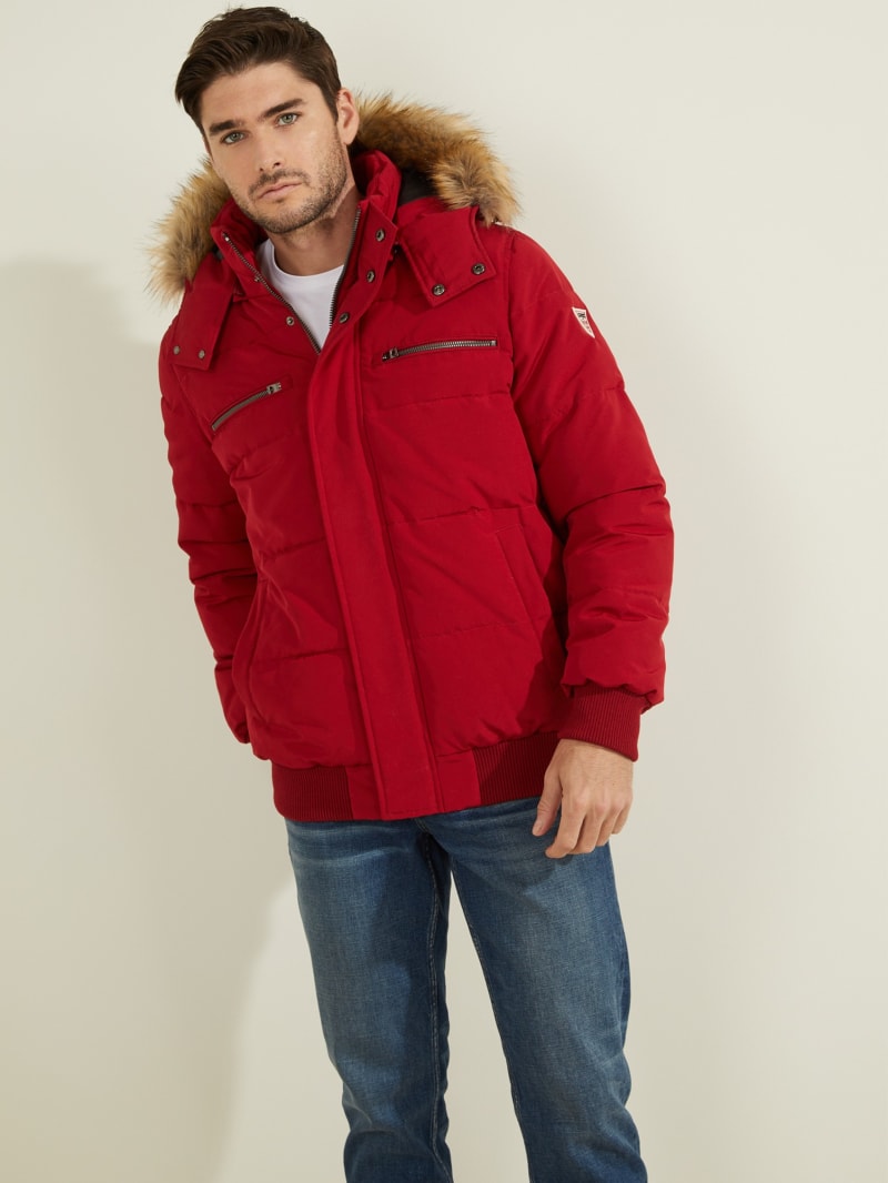 Red Men's Guess David Puffer Jackets | 6125897-XU