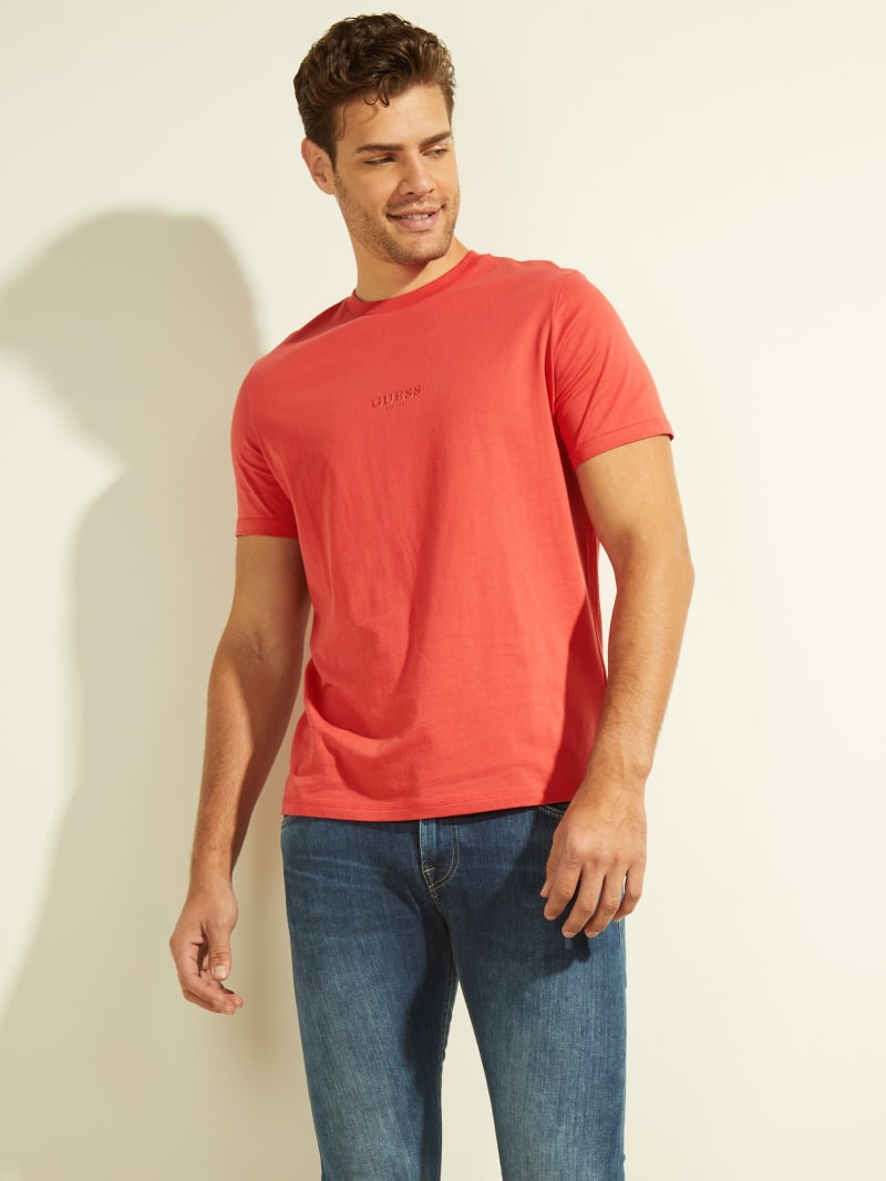 Red Men's Guess Eco Aidy Logo Tee T Shirts | 9810326-EN