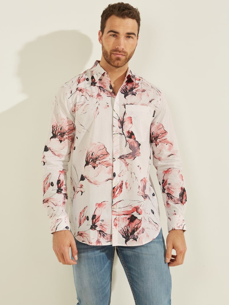 Red Men's Guess Eco Floral Collins Shirts | 4218907-RZ