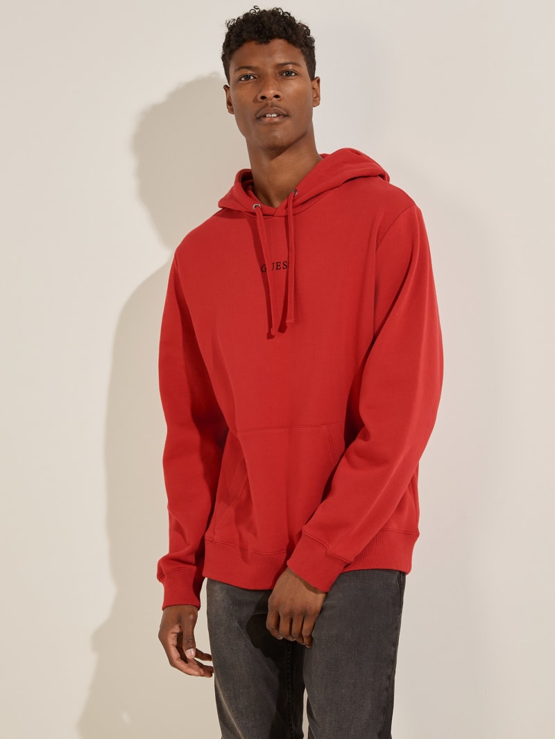 Red Men's Guess Eco Roy Embroidered Logo Hoodie | 8972145-OU