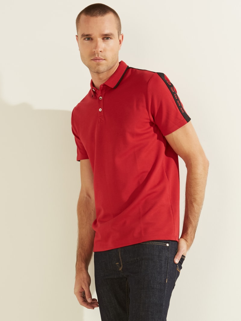 Red Men's Guess Pique Logo Tape Shirts | 5391872-VO