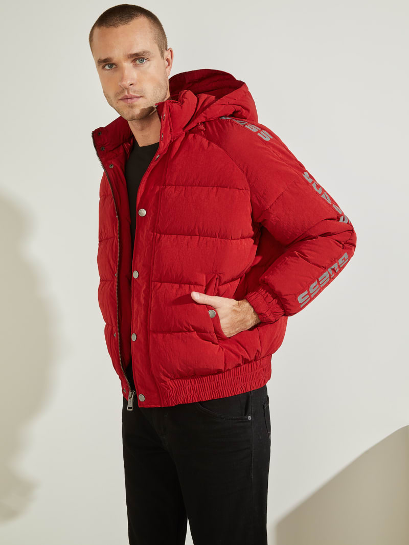 Red Men's Guess Summit Nylon Ski Puffer Jackets | 2604837-LR