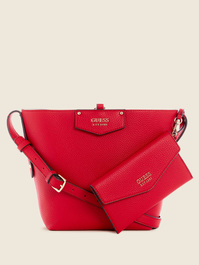 Red Women's Guess Eco Brenton Bucket Shoulder Bags | 9417236-IT