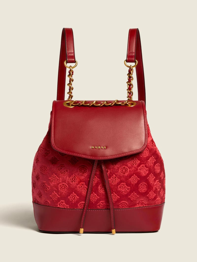 Red Women's Guess Kimi Velvet Backpacks | 7534198-UE