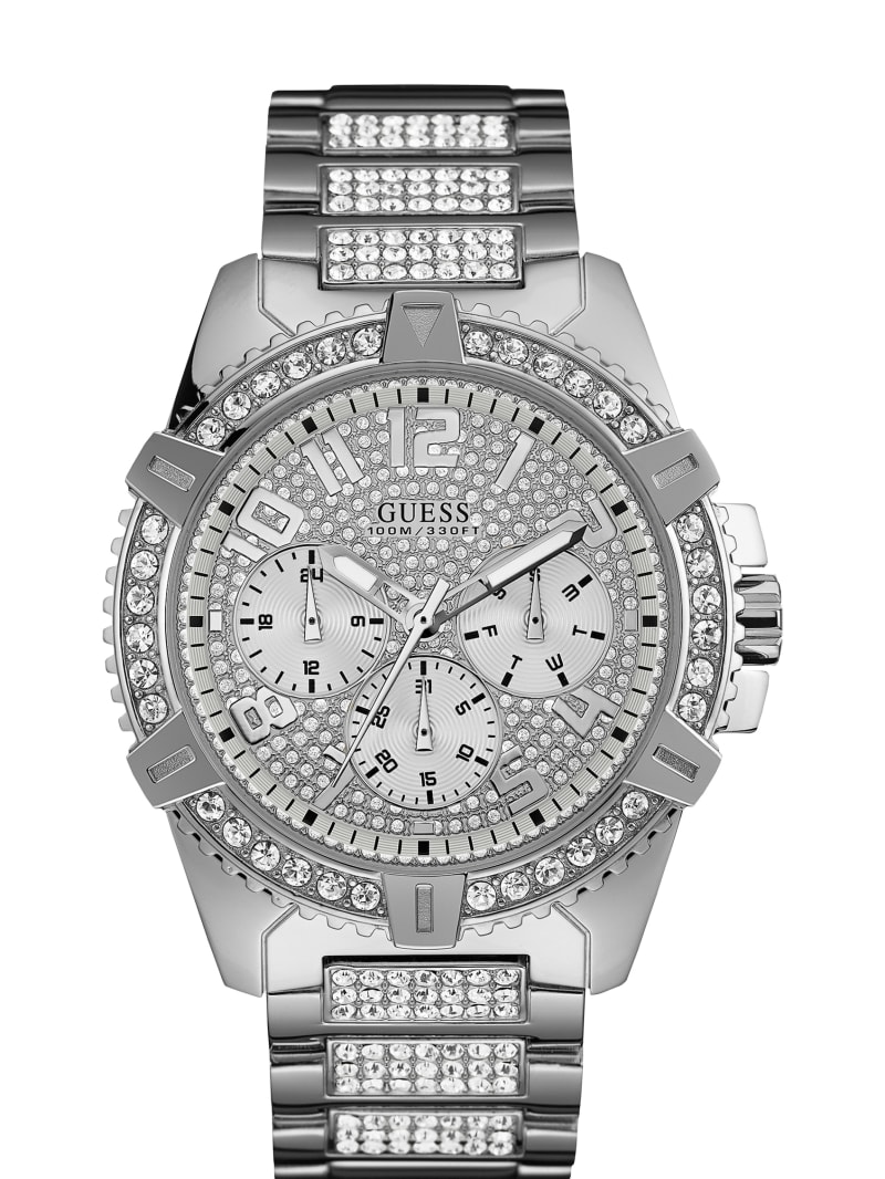 Silver Men's Guess Silver-Tone Multifunction Watches | 2054361-DT