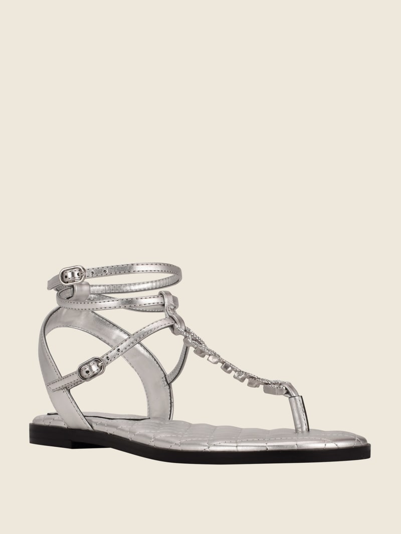 Silver Women's Guess Brighti Chain T-Strap Sandals | 4580197-CU