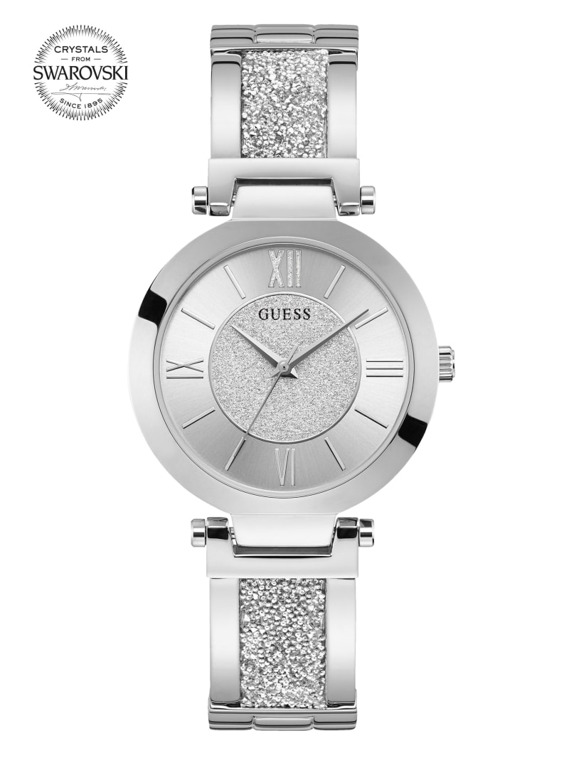 Silver Women's Guess Silver-Tone Crystal Bangle Analog Watches | 4875216-MQ