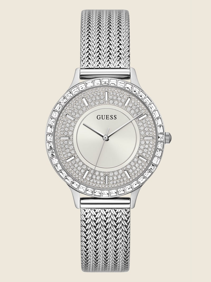 Silver Women's Guess Silver-Tone Mesh Analog Watches | 3874296-IY