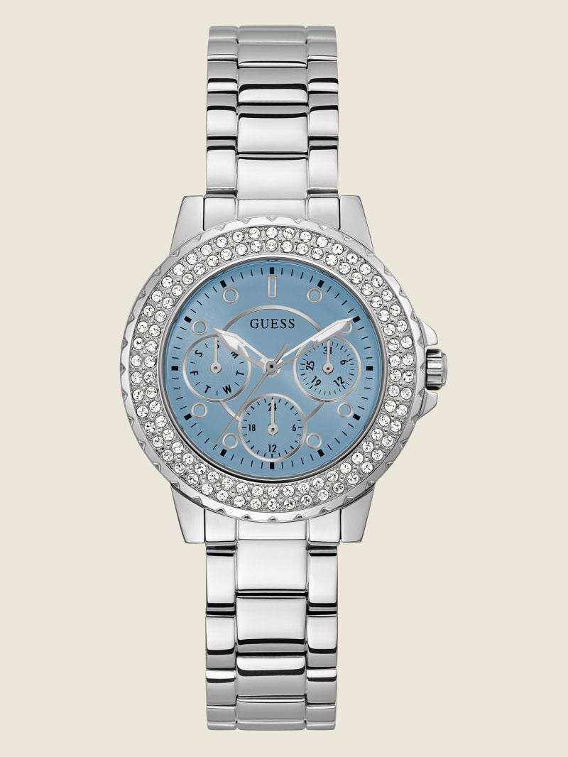 Silver Women's Guess Silver-Tone and Rhinestone Multifunction Watches | 3105697-KQ