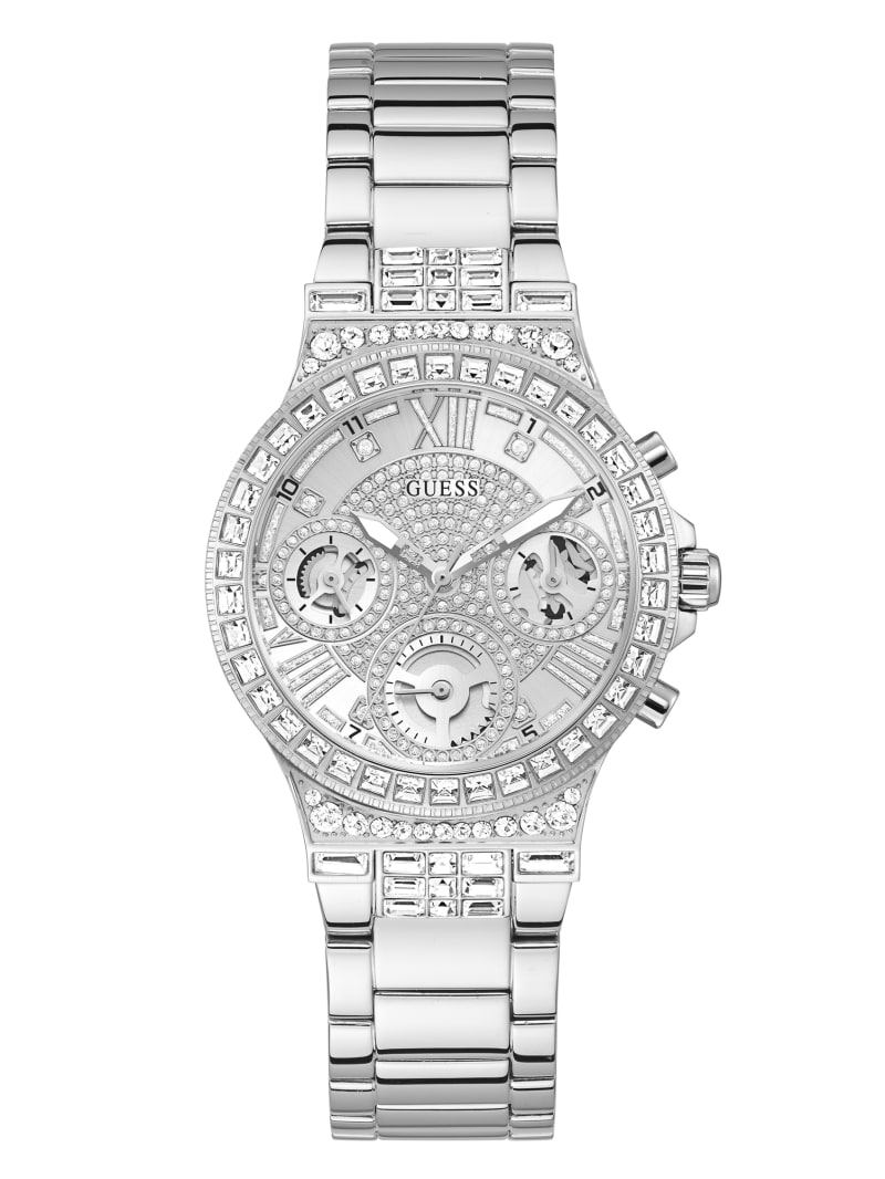 Silver Women's Guess Silver-Tone and Rhinestone Multifunction Watches | 5860947-WK