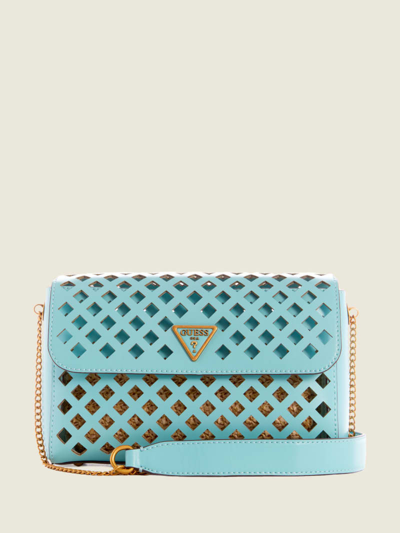 Turquoise Women's Guess Aqua Perforated Flap Crossbody Bags | 8602139-HU