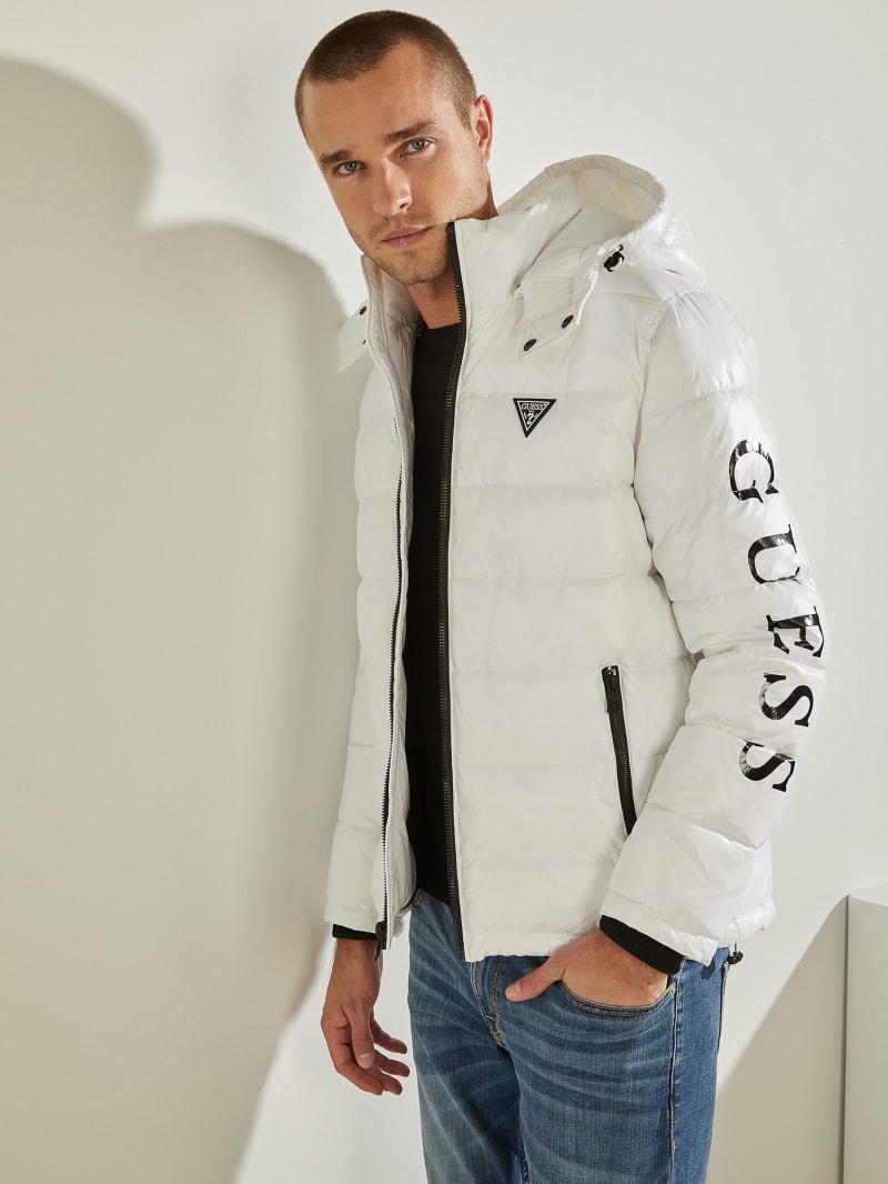 White Men's Guess Anthony Logo Puffer Jackets | 3418697-VE