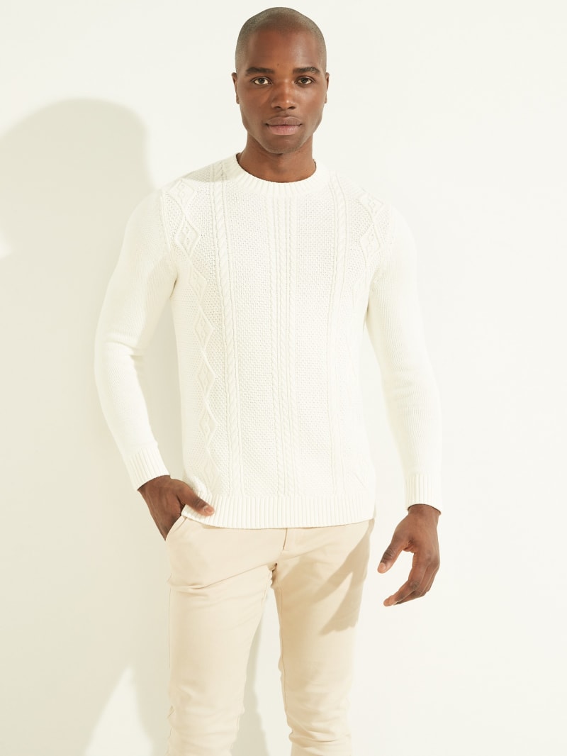 White Men's Guess Cable-Knit Crewneck Sweaters | 7351620-PH