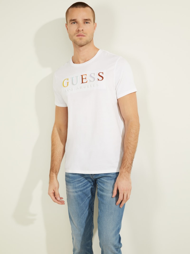 White Men's Guess Embossed Logo Tee T Shirts | 5362471-ZB