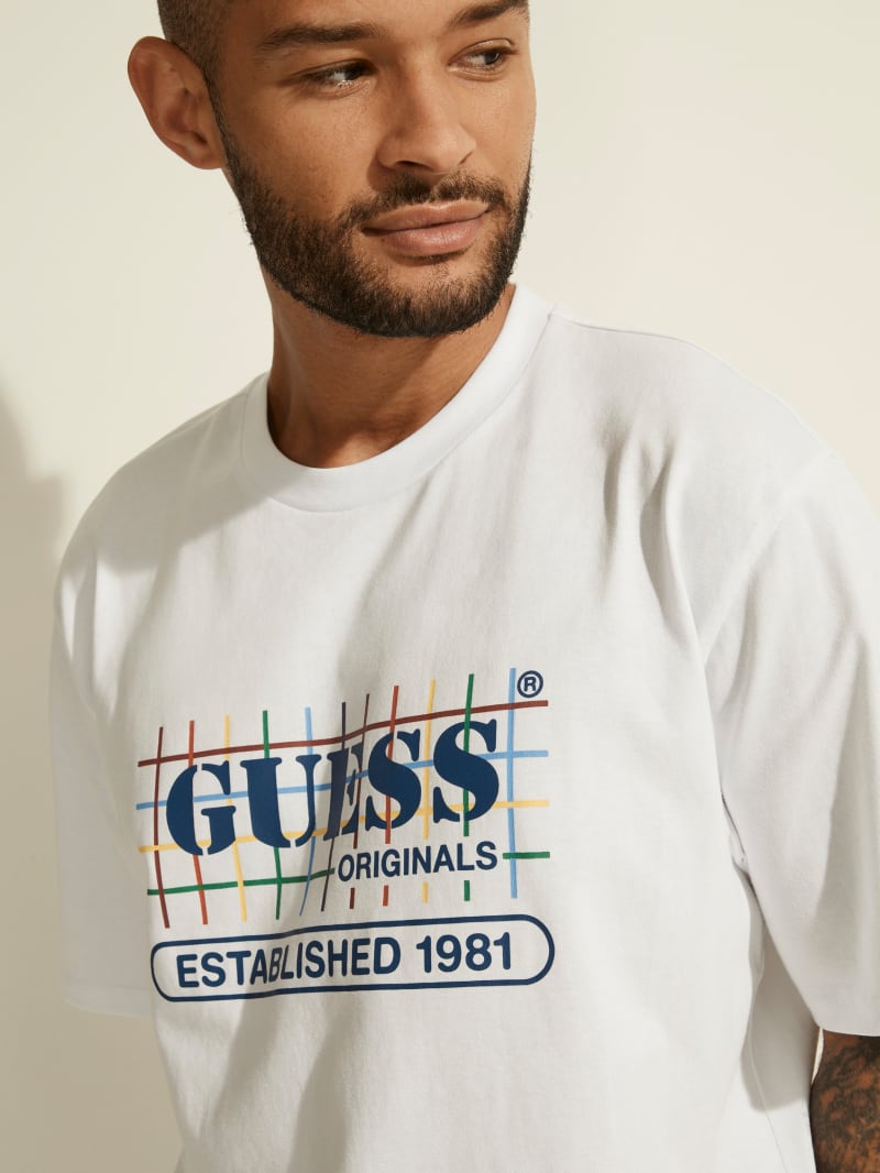 White Men's Guess GUESS Originals Rainbow Grid Tee T Shirts | 3564708-UH