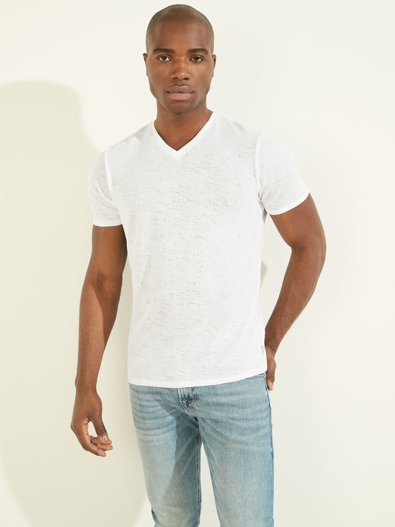 White Men's Guess Gauze V-Neck Tee T Shirts | 2946751-PC