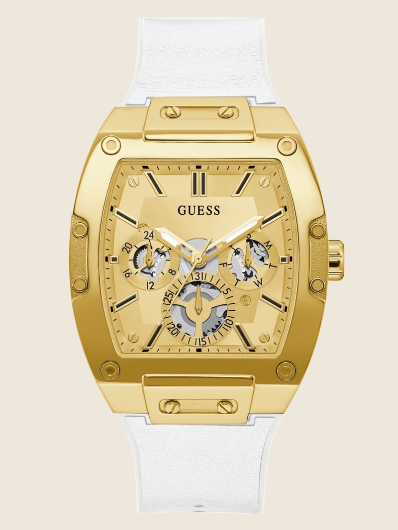 White Men's Guess Gold-Tone and White Rectangular Multifunction Watches | 9517368-YI