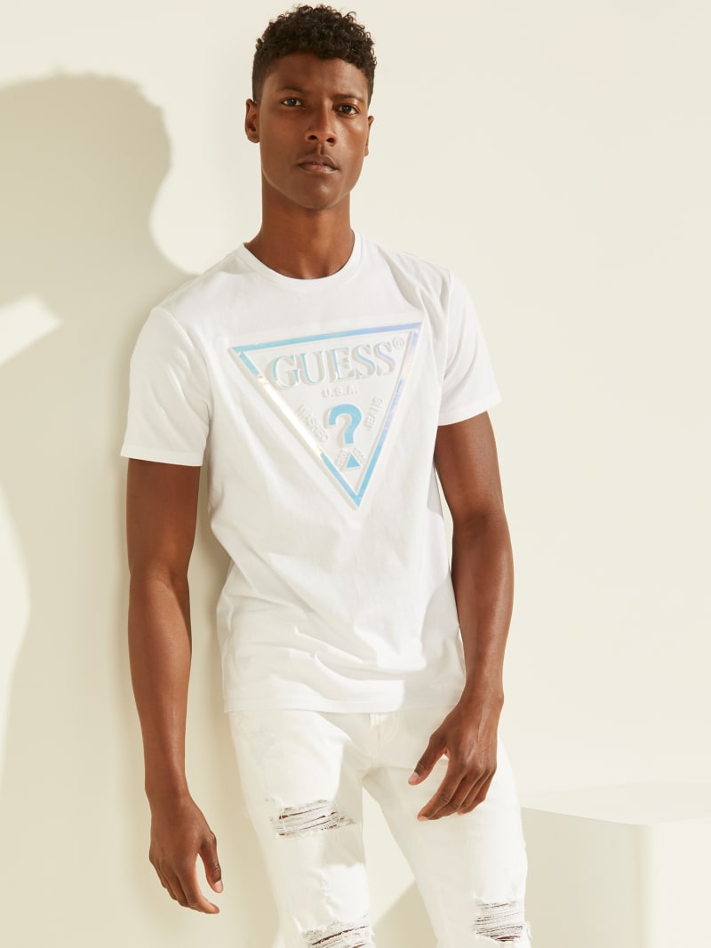 White Men's Guess Hologram Logo Tee T Shirts | 0561379-YH