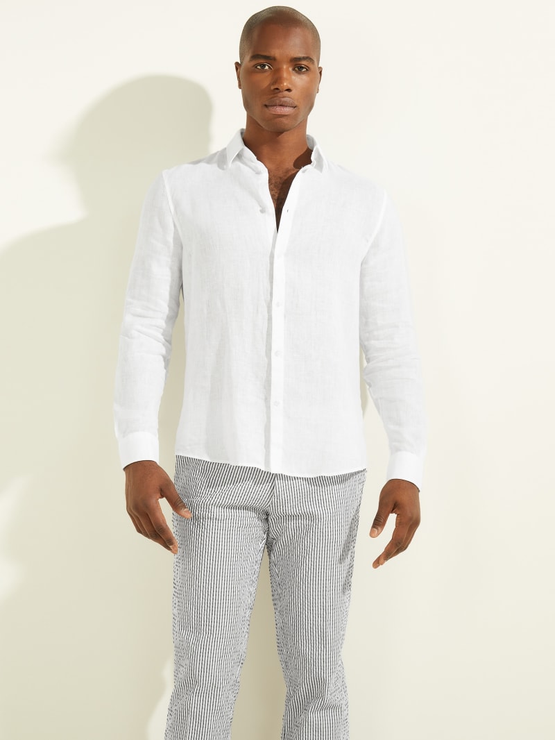 White Men's Guess Linen Italian Notched Cuff Shirts | 1209843-QW