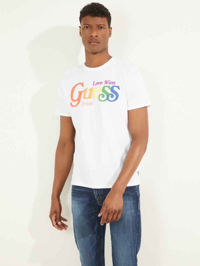 White Men's Guess Pride Logo Tee T Shirts | 4713208-HK