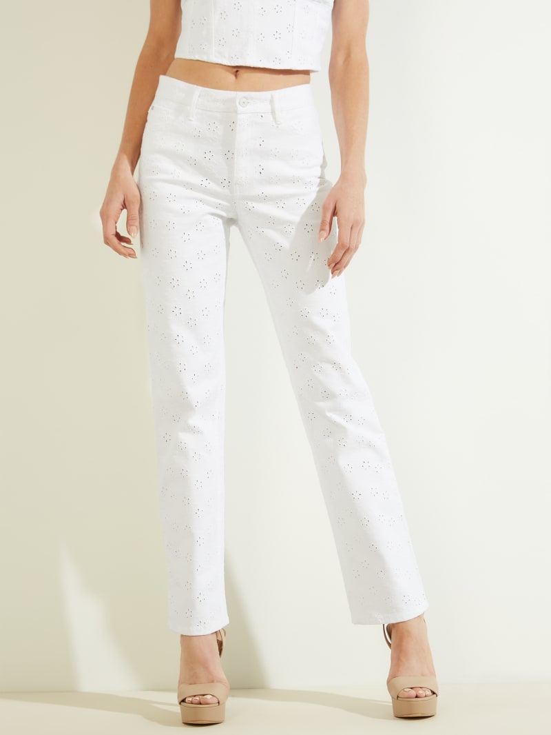 White Women's Guess 1981 Eyelet Straight Pants | 3764910-TJ