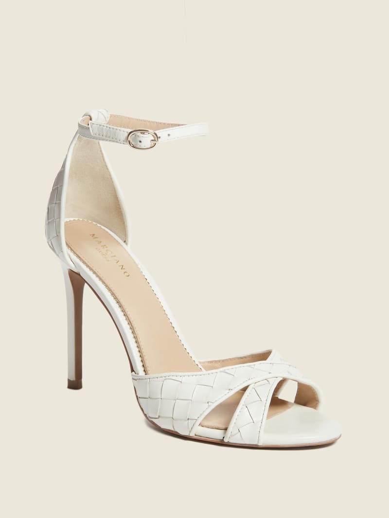 White Women's Guess Abieli Woven Leather Stiletto Sandals | 8216059-PG