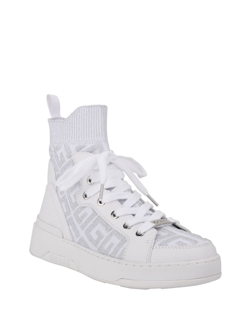 White Women's Guess Manney Knit Logo High-Top Sneakers | 3290187-ZJ