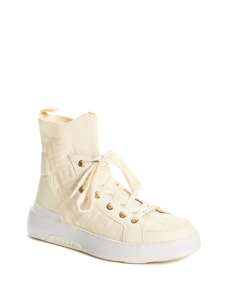 White Women's Guess Manney Knit Logo High-Top Sneakers | 6427509-QP