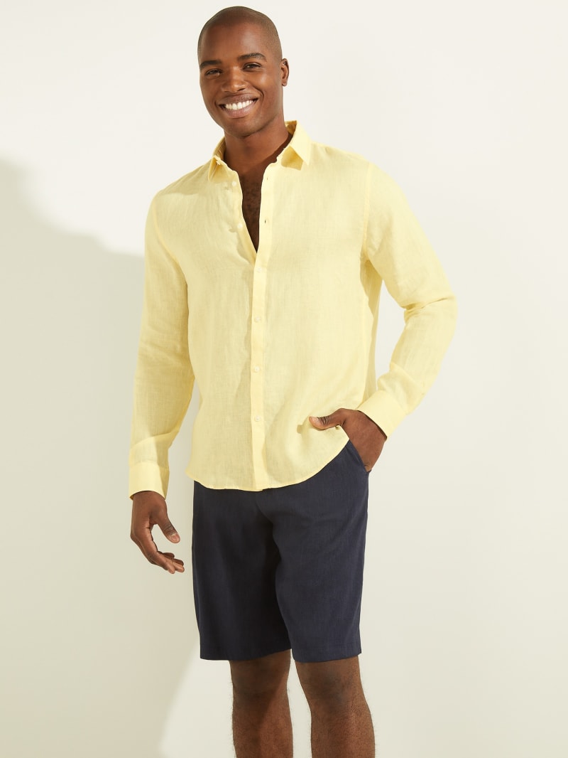 Yellow Men's Guess Linen Italian Notched Cuff Shirts | 1097234-ZK