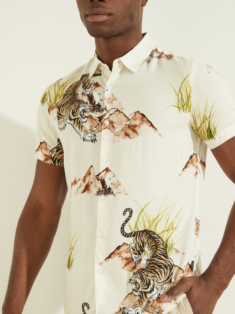 Beige Men's Guess Eco Mountain Tiger Shirts | 0964283-JX