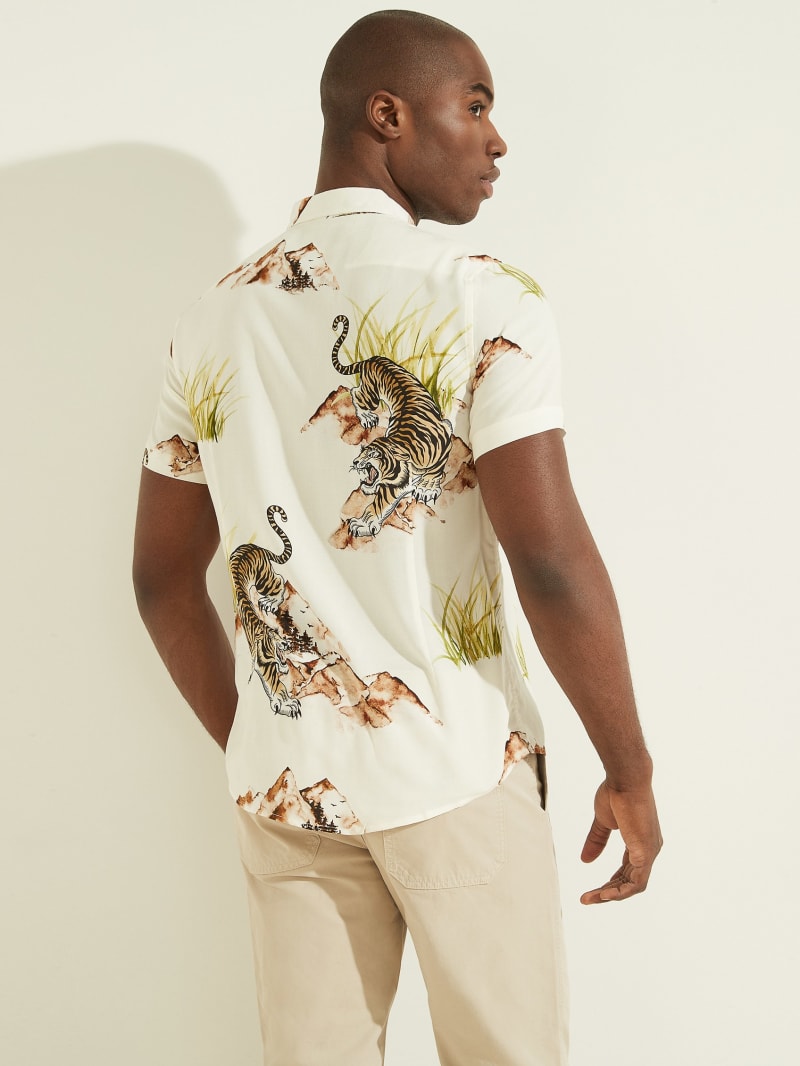 Beige Men's Guess Eco Mountain Tiger Shirts | 0964283-JX