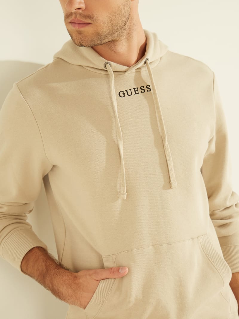 Beige Men's Guess Eco Roy Embroidered Logo Hoodie | 2537108-ZP