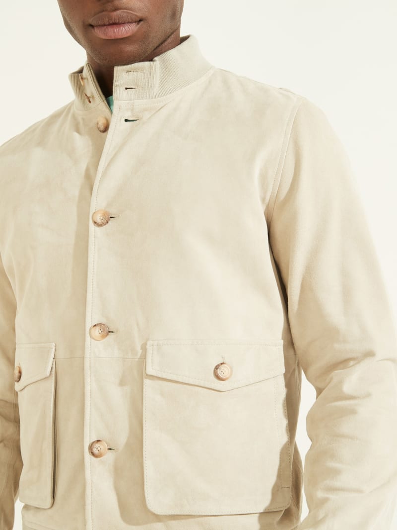 Beige Men's Guess Suede Leather Bomber Jackets | 6012743-HO