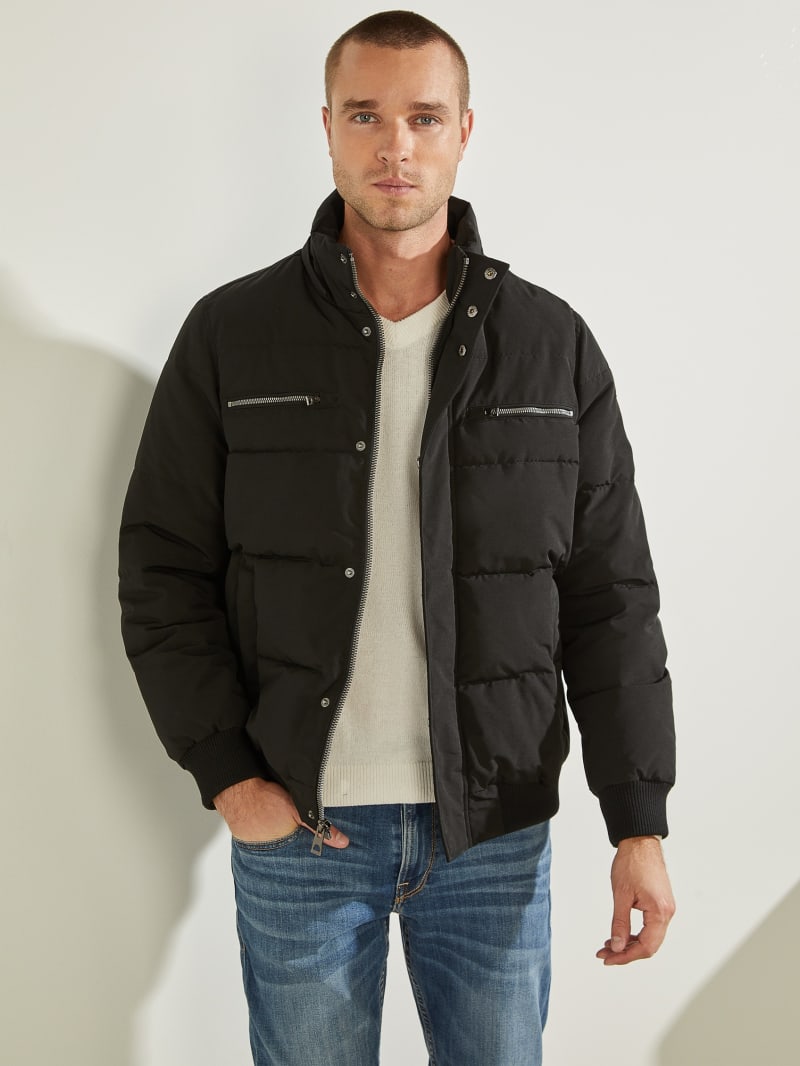 Black Men's Guess David Puffer Jackets | 5902834-DZ