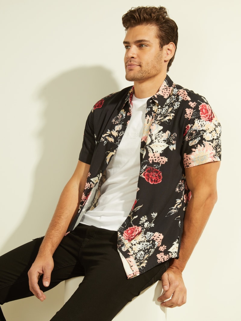 Black Men's Guess Eco Grand Floral Tee Shirts | 2098741-CO