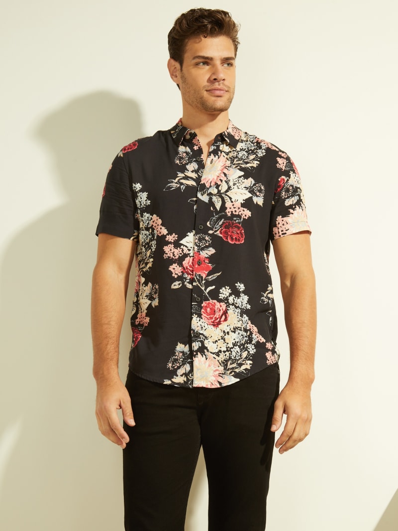 Black Men\'s Guess Eco Grand Floral Tee Shirts | 2098741-CO