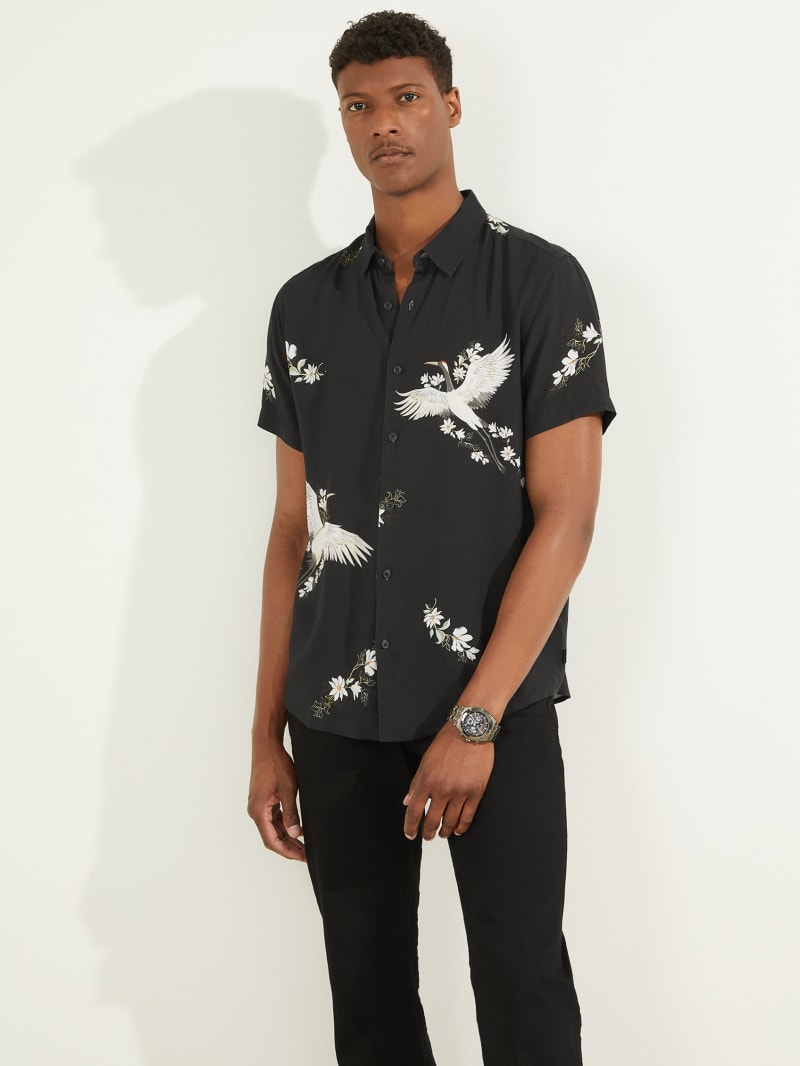 Black Men\'s Guess Eco Rayon Crane Shirts | 5148796-IV