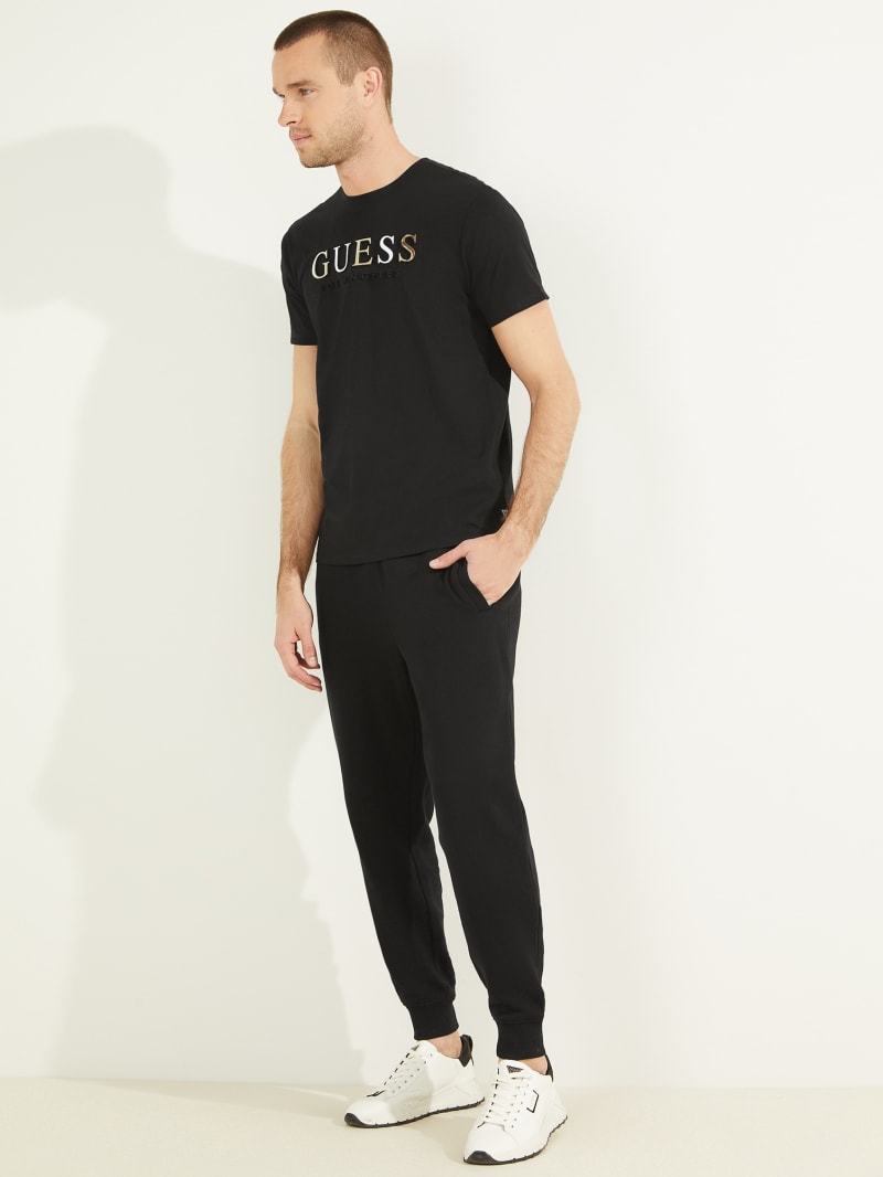 Black Men's Guess Embossed Logo Tee T Shirts | 0196485-AB