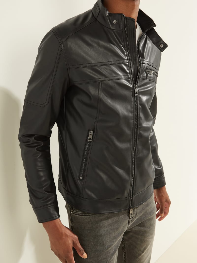 Black Men's Guess Faux-Leather Biker Jackets | 8743910-PR