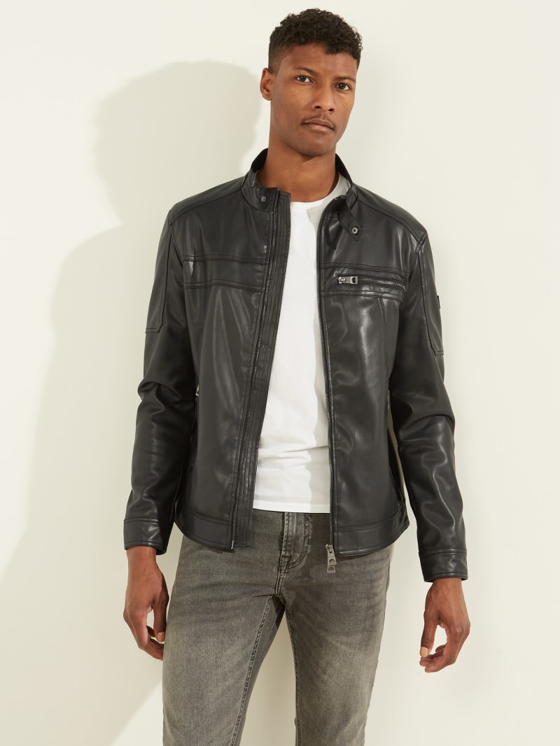 Black Men\'s Guess Faux-Leather Biker Jackets | 8743910-PR