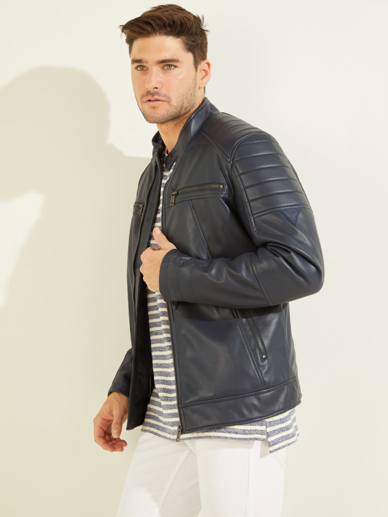 Black Men's Guess Faux-Leather Moto Jackets | 5428671-SY