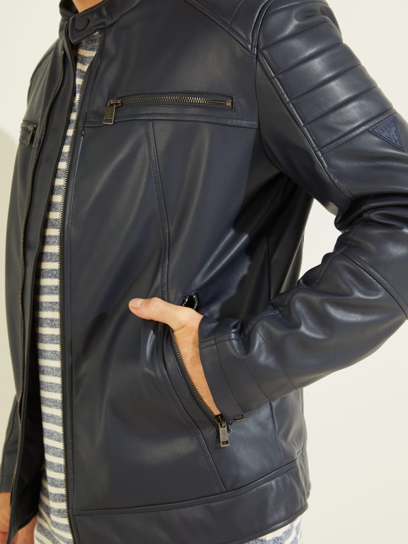 Black Men's Guess Faux-Leather Moto Jackets | 5428671-SY