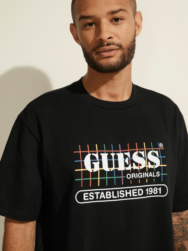 Black Men's Guess GUESS Originals Rainbow Grid Tee T Shirts | 0529147-EB