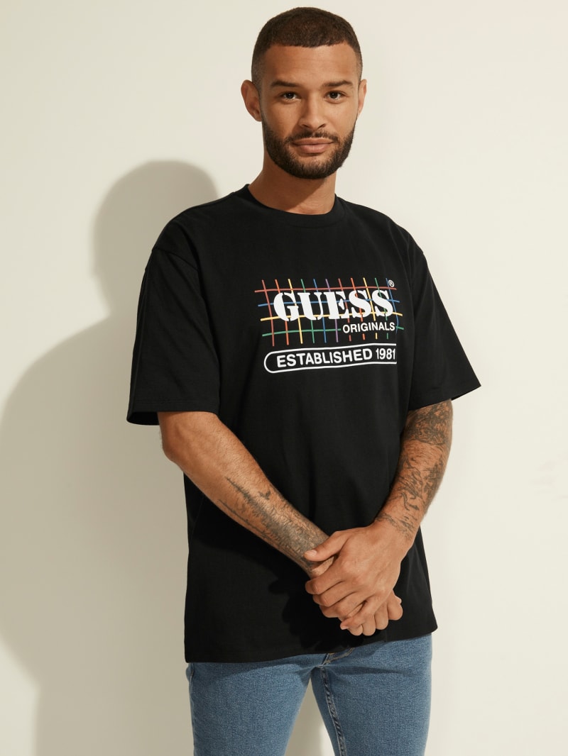 Black Men's Guess GUESS Originals Rainbow Grid Tee T Shirts | 0529147-EB