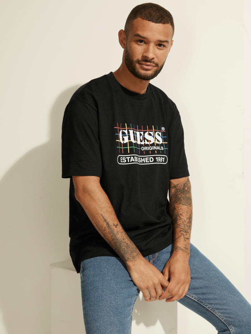 Black Men\'s Guess GUESS Originals Rainbow Grid Tee T Shirts | 0529147-EB