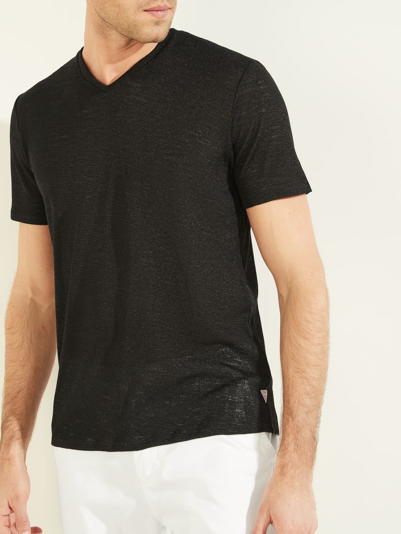 Black Men's Guess Gauze V-Neck Tee T Shirts | 2340896-PV